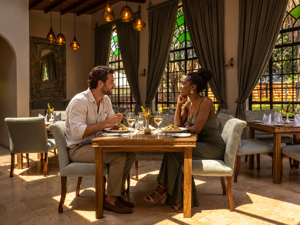 Fine-Dining Fine dining at a luxury boutique hotel in Karen, Nairobi, with elegant décor and a refined dining setting